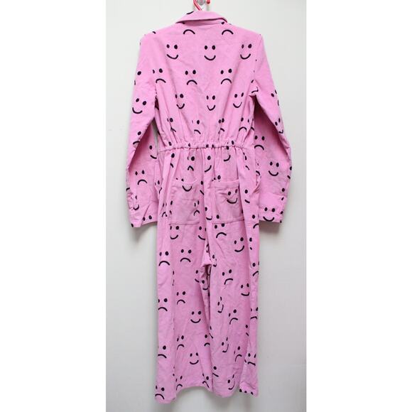 NWT Lazy Oaf Pink Happy Sad Smiley Face Cord Corduroy Coverall Jumpsuit Size 4 - Picture 3 of 5